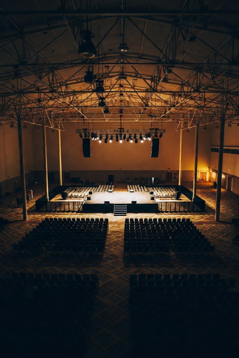A wedding venue set up for a reception